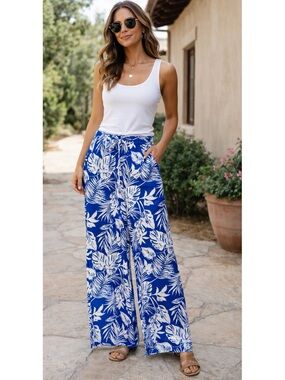 MONTEAU Women’s Size XL Blue & White Tropical Linen-Blend Wide Leg Pull-On Pant